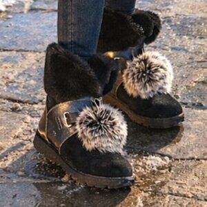 UGG Isley Shearling Lined Pom-Pom Black Shimmer Slip-On Tall Ankle Boot, Size 5